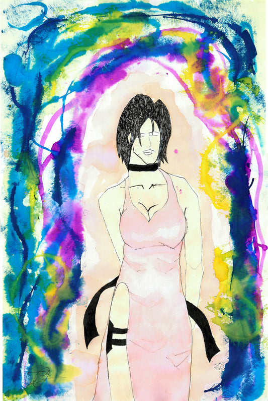 A colorful anime-style illustration of a woman with short black hair wearing a pink dress, framed by an abstract, swirling multicolor background of blue, green, purple, yellow, and pink.