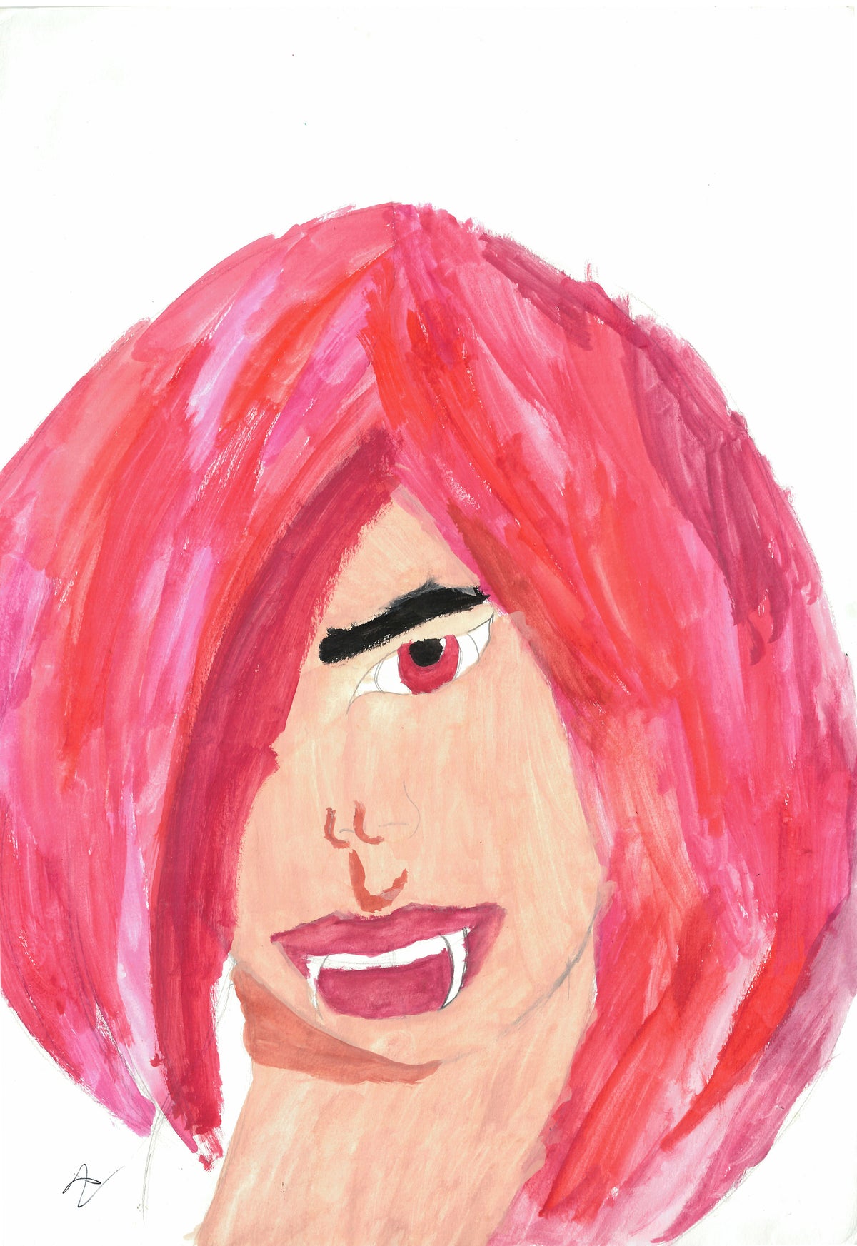 A stylized portrait painting of a person with bright pink hair, pale skin, one visible red eye, a black eyebrow, and fangs, rendered on a white background.