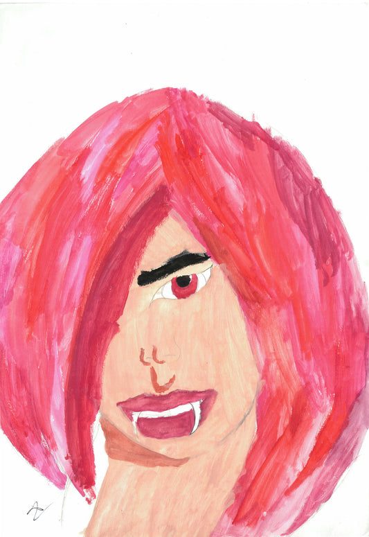 A stylized portrait painting of a person with bright pink hair, pale skin, one visible red eye, a black eyebrow, and fangs, rendered on a white background.