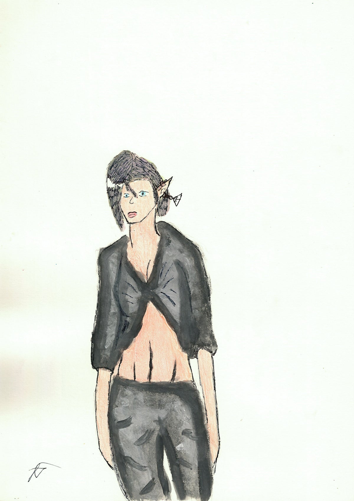 A fashion illustration of a model wearing a dark cropped cardigan and dark trousers on a plain white background.