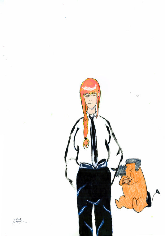 A minimalist line art illustration of a person with bright orange hair, wearing a white shirt, black tie, and black pants, standing next to an orange dog on a plain white background.