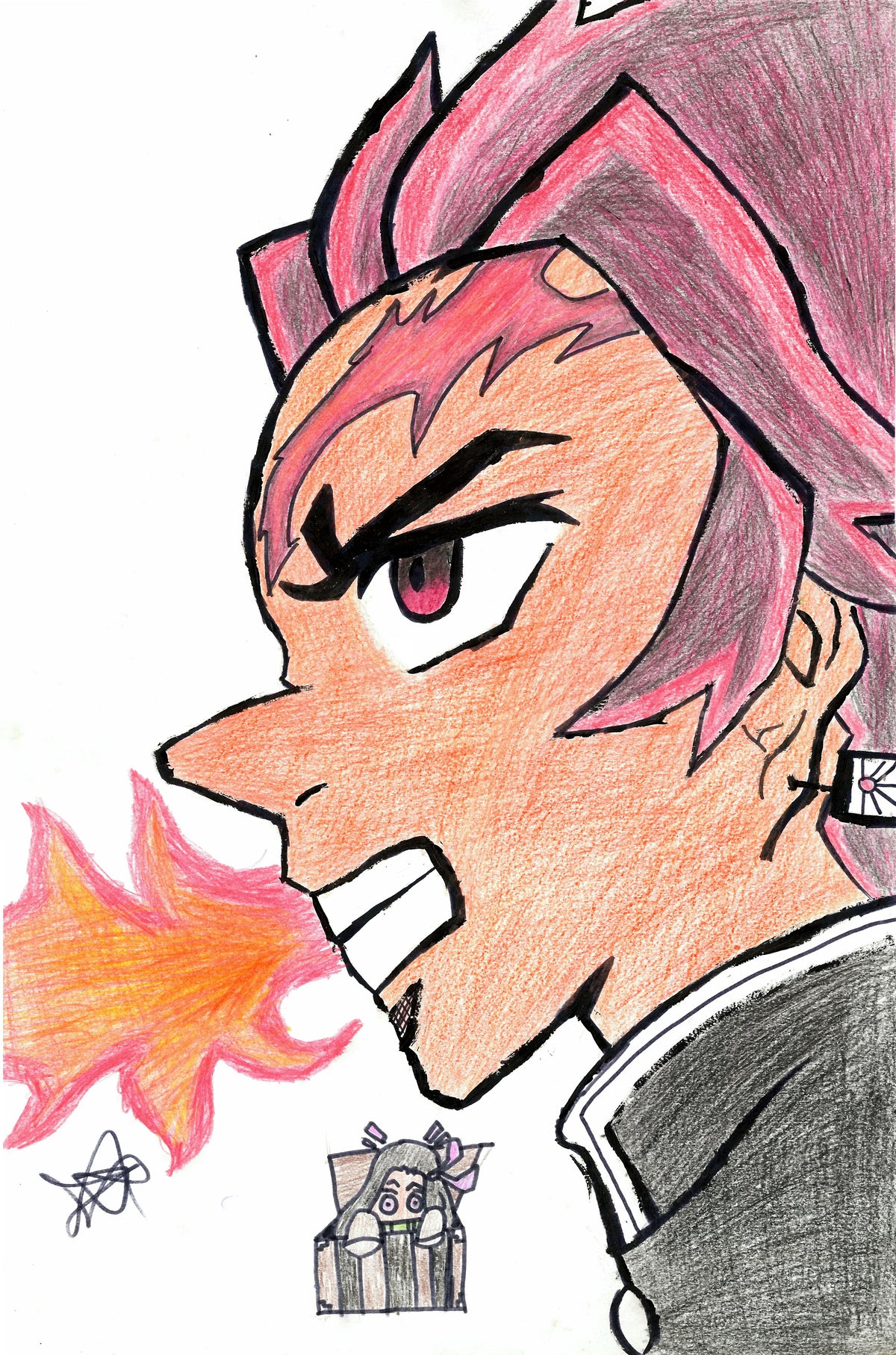 A colored pencil and charcoal sketch of a side-profile anime character with pink hair, breathing fire, on a white background.