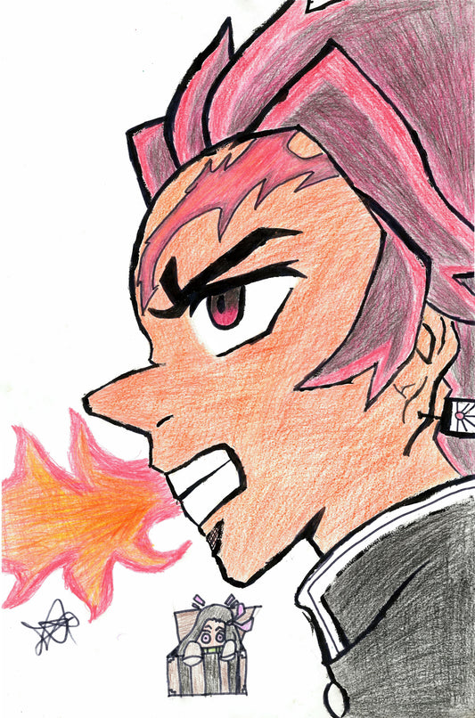A colored pencil and charcoal sketch of a side-profile anime character with pink hair, breathing fire, on a white background.