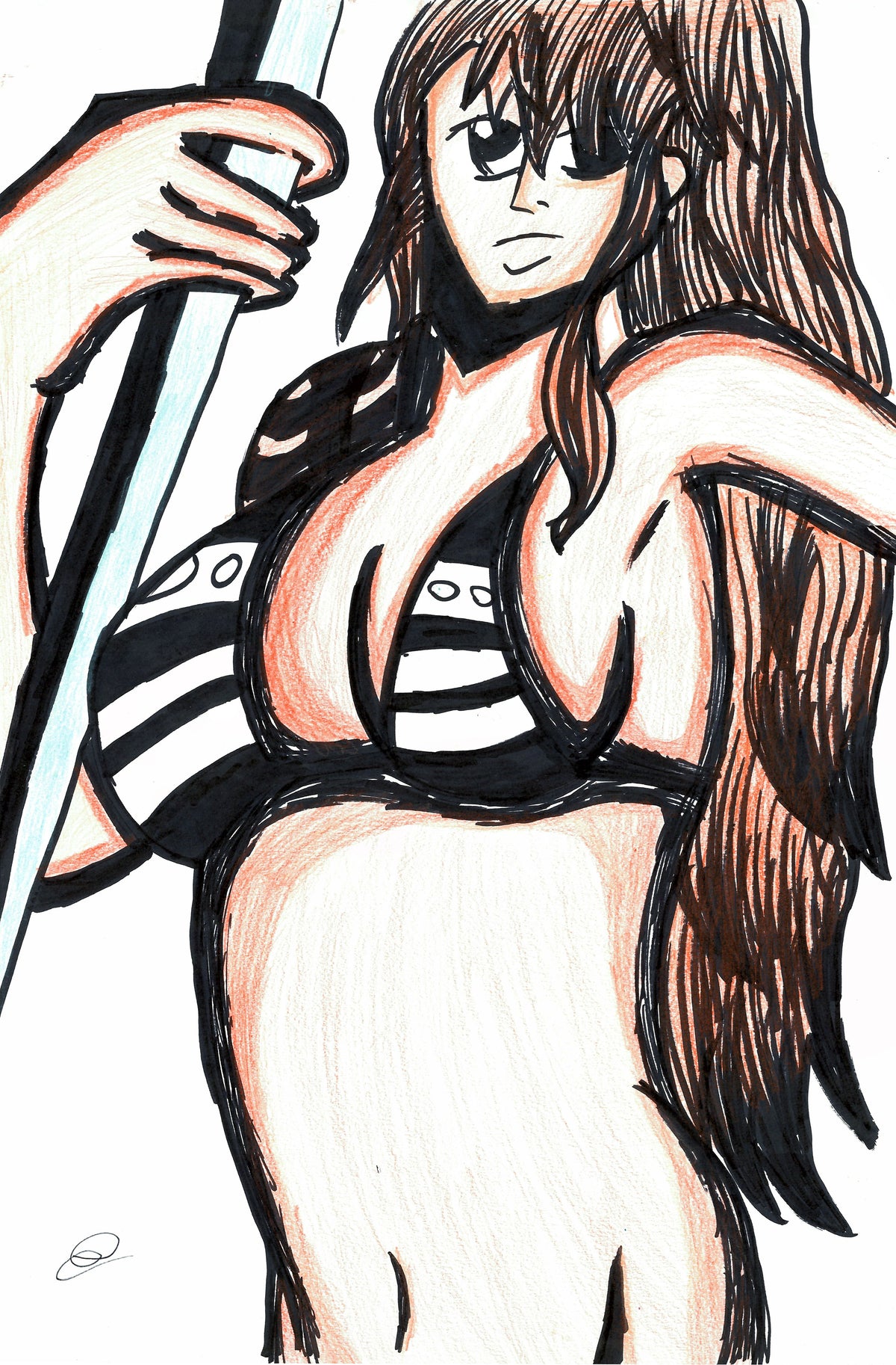 A hand-drawn anime-style illustration of a woman with long brown hair, wearing a black and white striped bikini, holding a sword, on a white background.