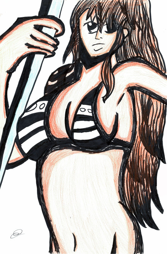 A hand-drawn anime-style illustration of a woman with long brown hair, wearing a black and white striped bikini, holding a sword, on a white background.