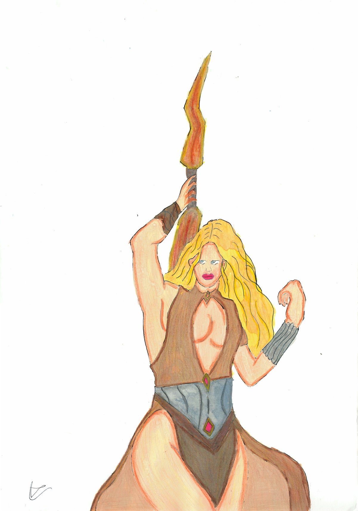 A hand-drawn illustration of a blonde woman in a brown and blue outfit holding a flaming sword, set against a plain white background.