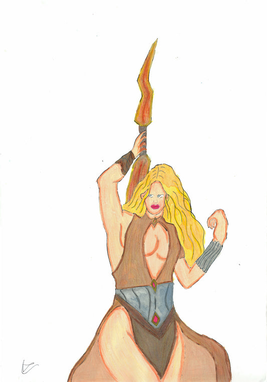 A hand-drawn illustration of a blonde woman in a brown and blue outfit holding a flaming sword, set against a plain white background.