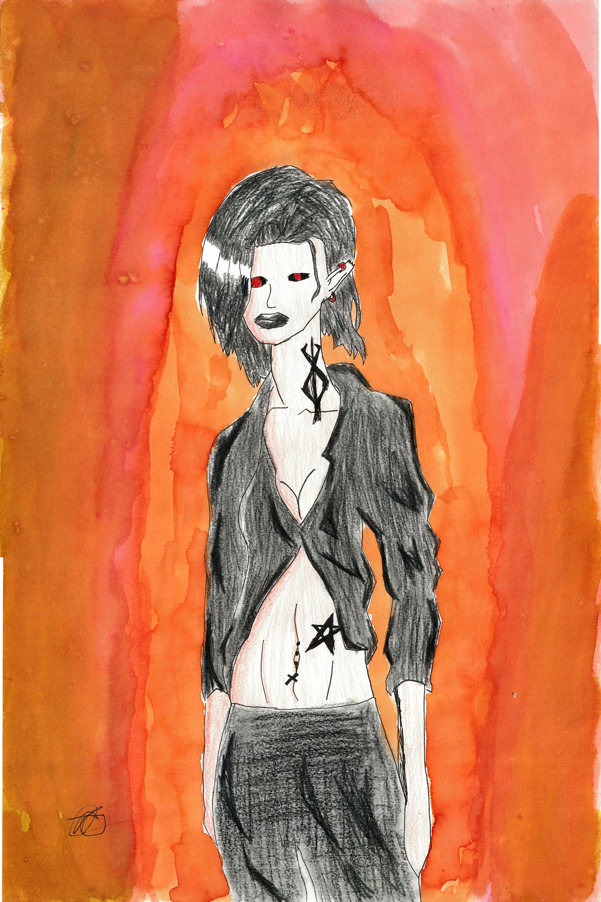 A stylized watercolor and pencil illustration of a gothic figure with short dark hair, pale skin, red eyes, and a black jacket, set against a vivid orange and red watercolor background.