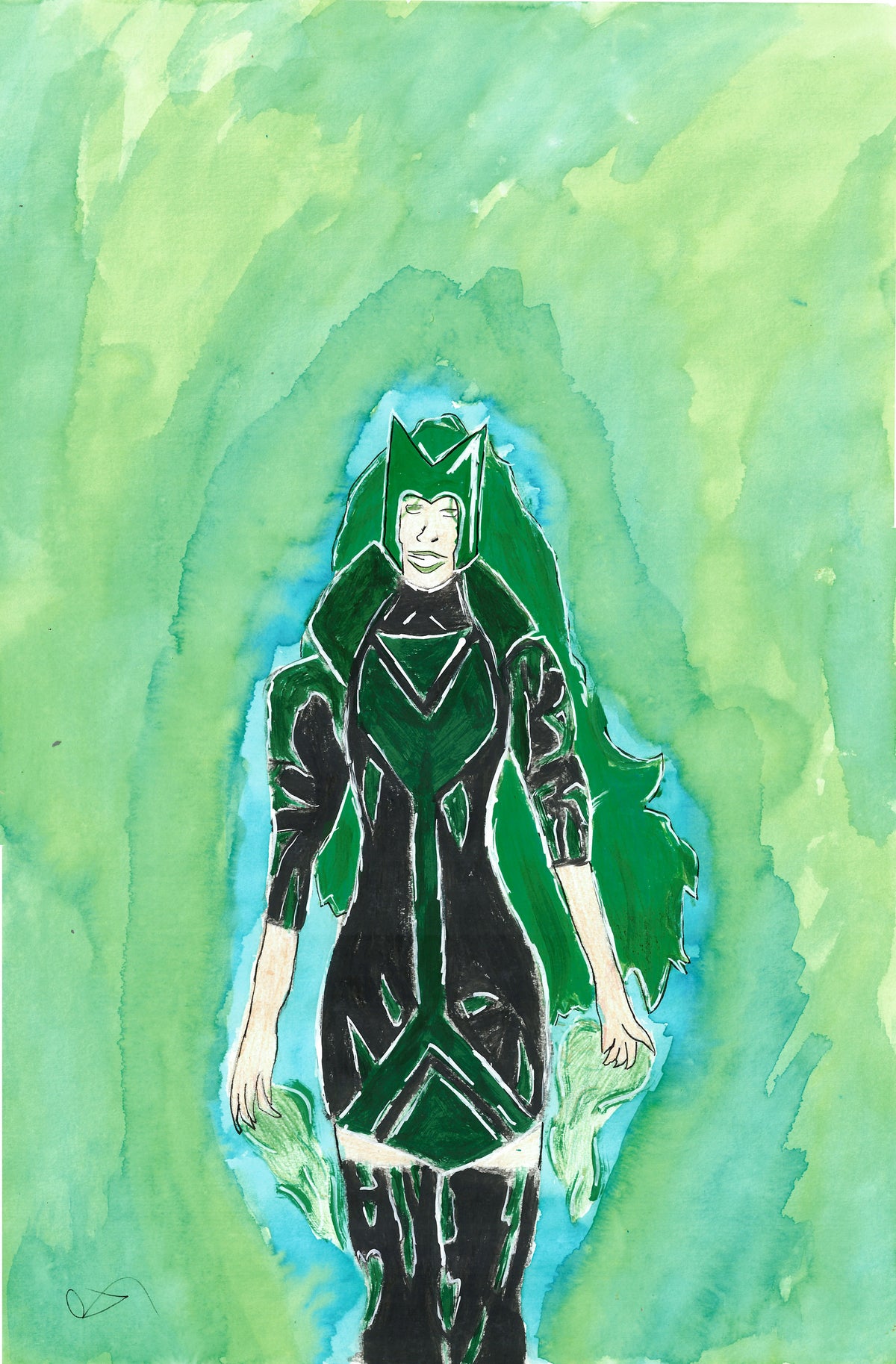 Watercolor and ink illustration of a female superhero character with long green hair, wearing a black bodysuit with green accents, standing against a textured green background with a blue glow.