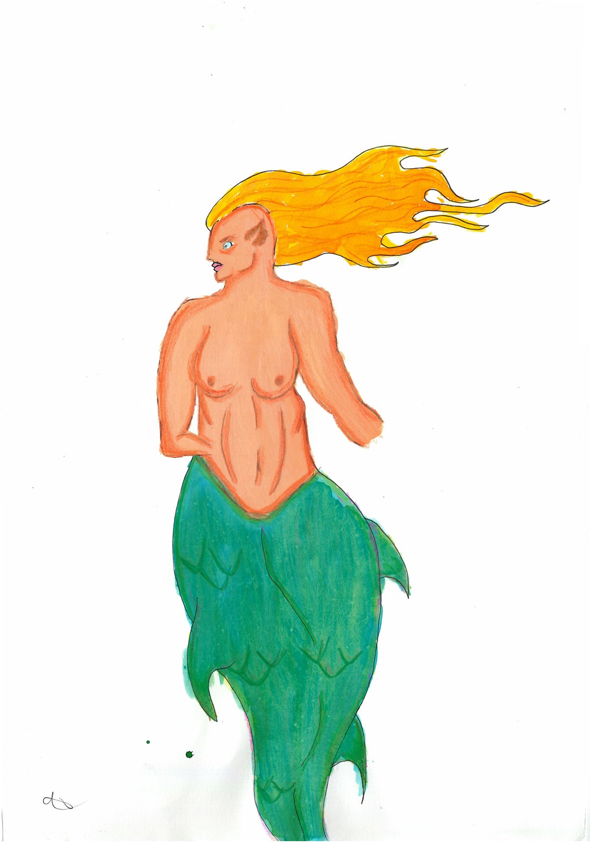 A colored pencil illustration of a mermaid with bright orange skin, flowing yellow hair, and a green tail, set against a plain white background.