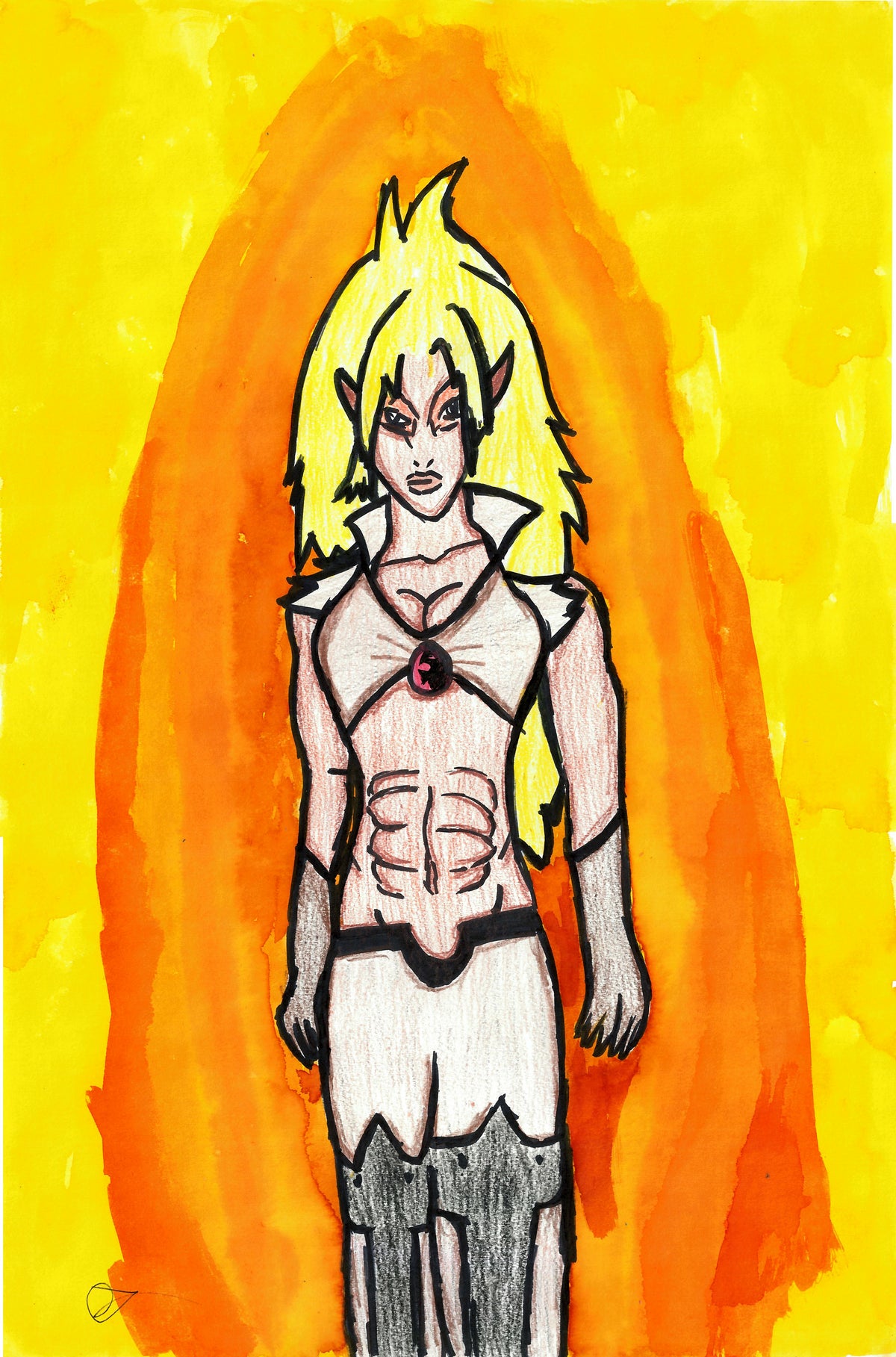 A stylized illustration of a fantasy character with spiky yellow hair, pointed ears, and a muscular torso, standing in front of a large orange and yellow glowing halo on a yellow background.