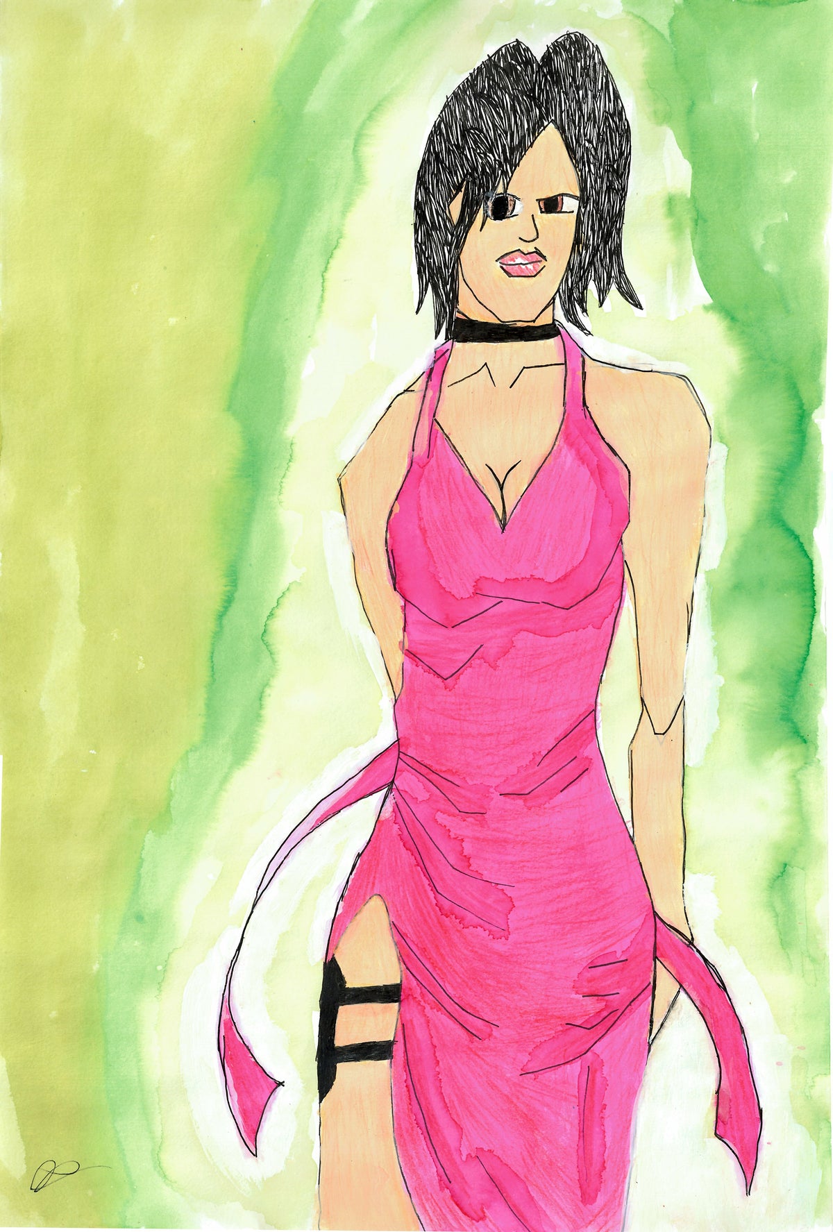 A stylized fashion illustration of a woman with short dark hair wearing a bright pink halter dress and black choker, set against a green watercolor background.