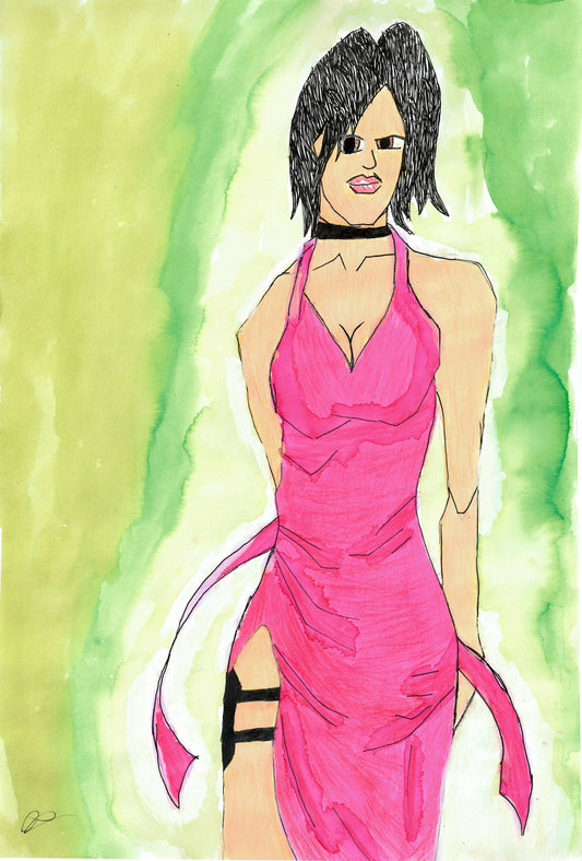 A stylized fashion illustration of a woman with short dark hair wearing a bright pink halter dress and black choker, set against a green watercolor background.