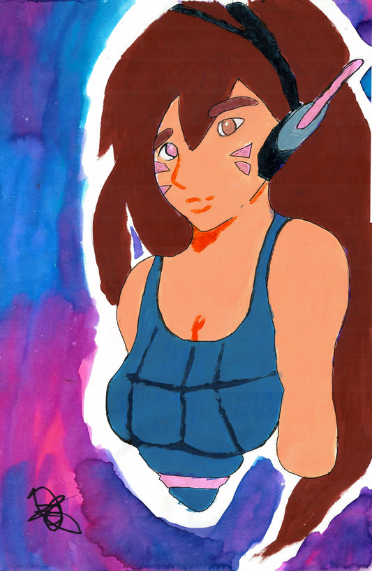 Watercolor and acrylic painting of a stylized female character with brown hair, wearing a blue top, set against a vibrant purple and blue background.