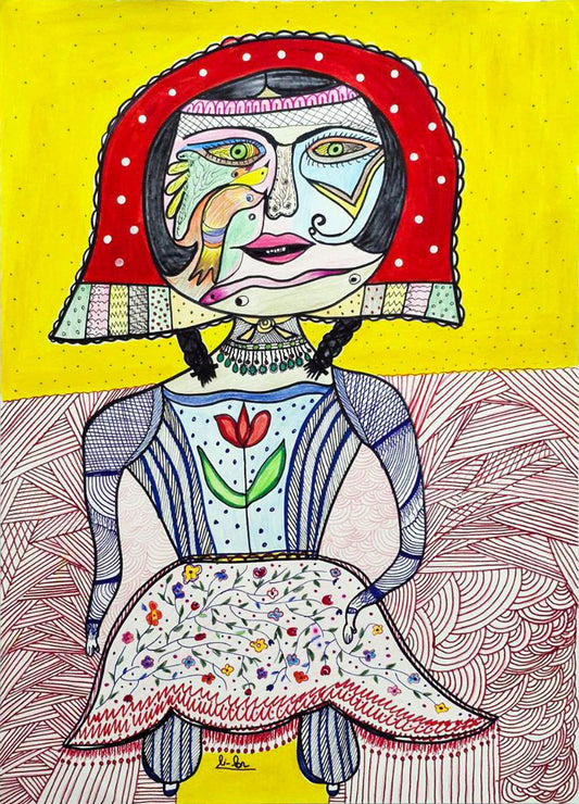 Colorful drawing of a person with a red headscarf and patterned dress on a yellow background