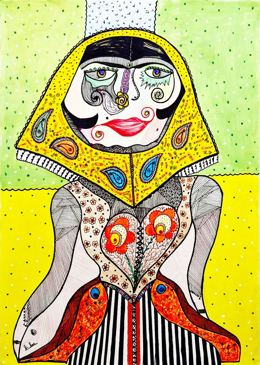 Colorful drawing of a character with a distinctive headdress on a yellow background