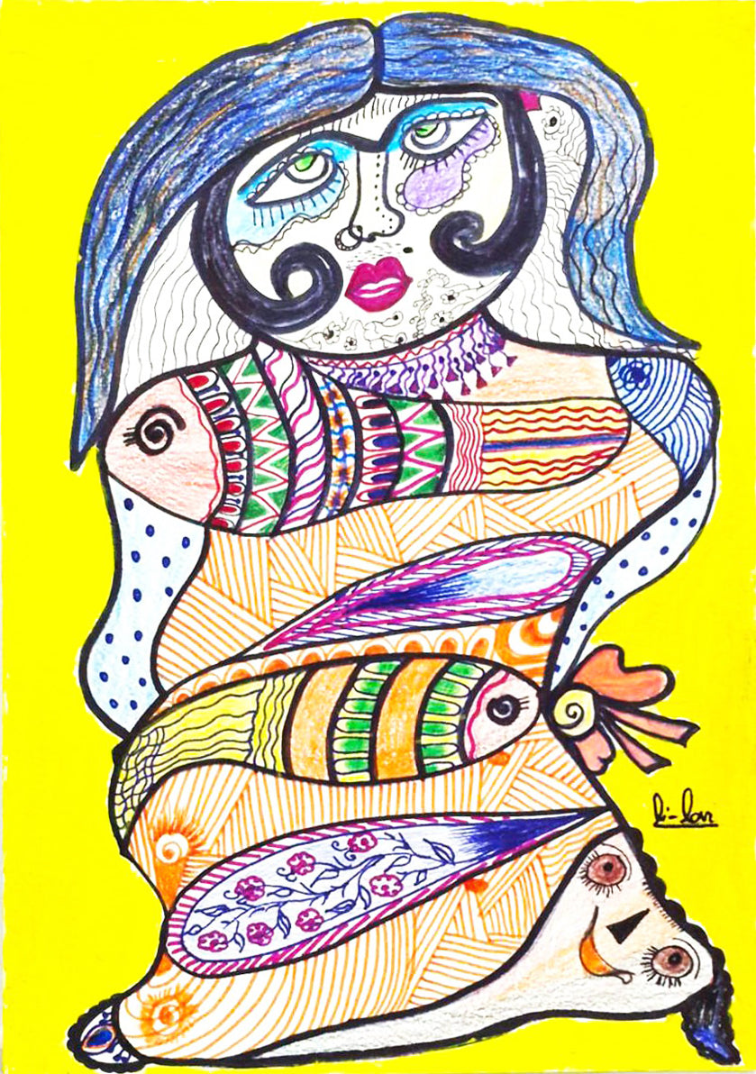 Colorful abstract drawing of a figure with fish on a yellow background
