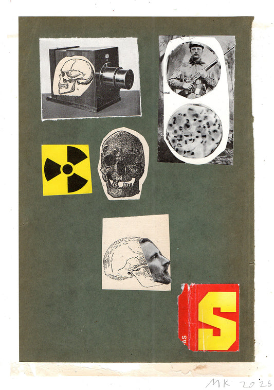 Collage with vintage camera, skull, and radiation symbol on a green background