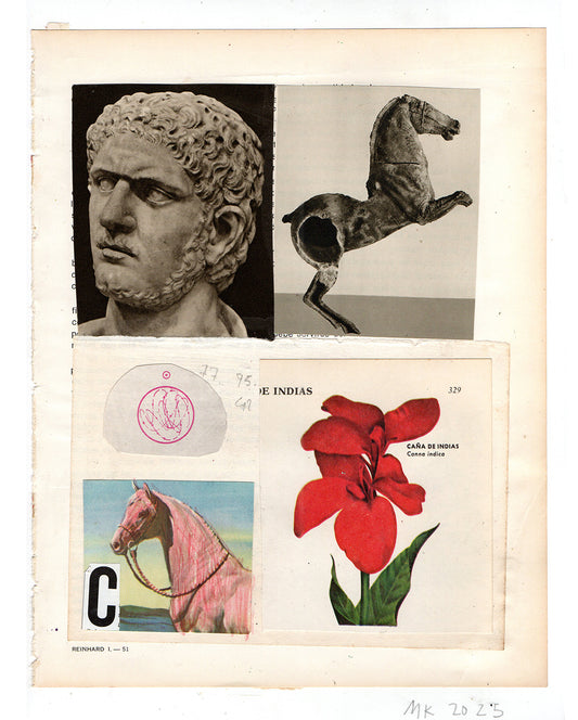 Collage with classical bust, horse sculpture, and postcard with red flower illustration.