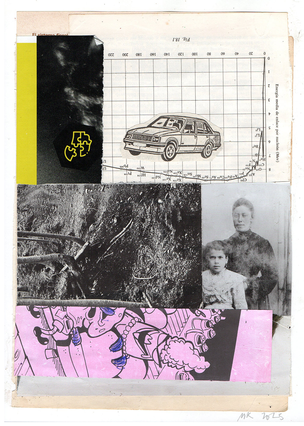 Collage with vintage car illustration, black and white photos, and colorful patterns.