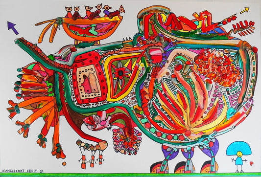 Colorful abstract artwork with intricate designs on a white background