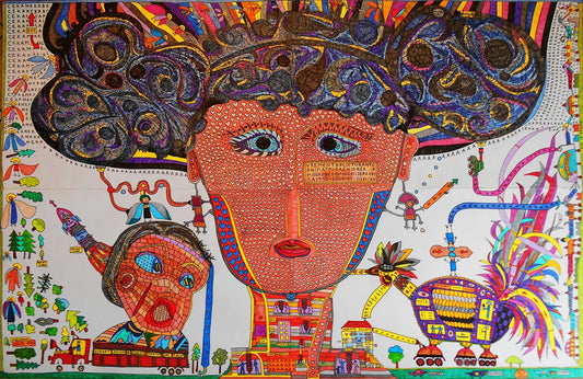 Colorful artwork with abstract faces and patterns