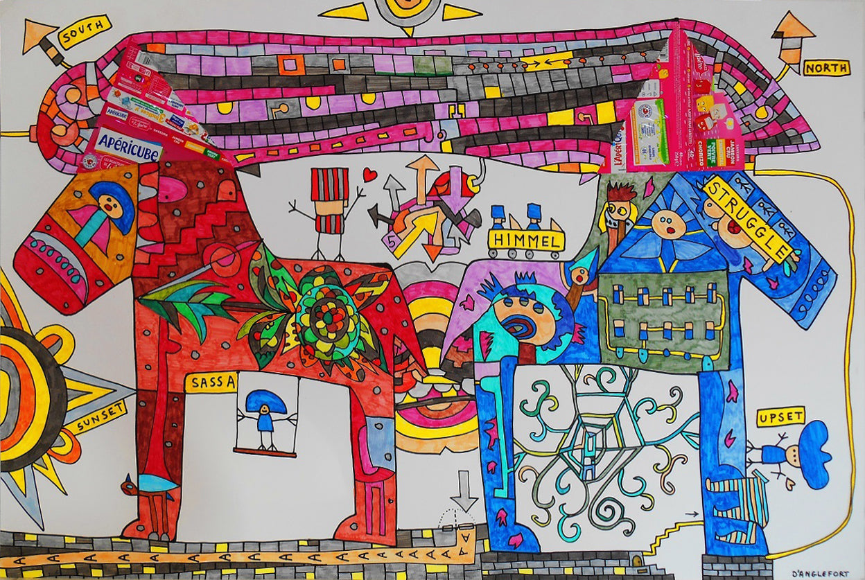 Colorful abstract artwork with various shapes and symbols on a white background