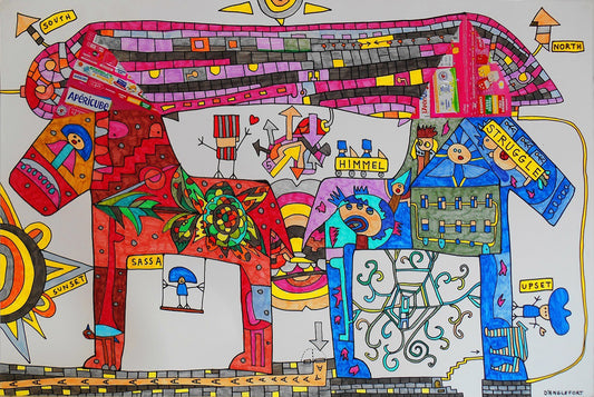 Colorful abstract artwork with various shapes and symbols on a white background