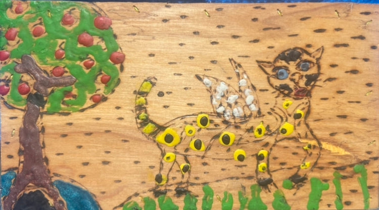 Wooden box with hand-painted design of a cat, tree, and birds.